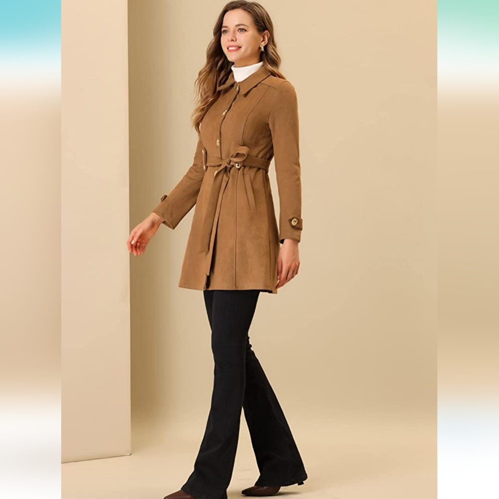 Faux Suede Belted Single Breasted Trench Coat Size Medium